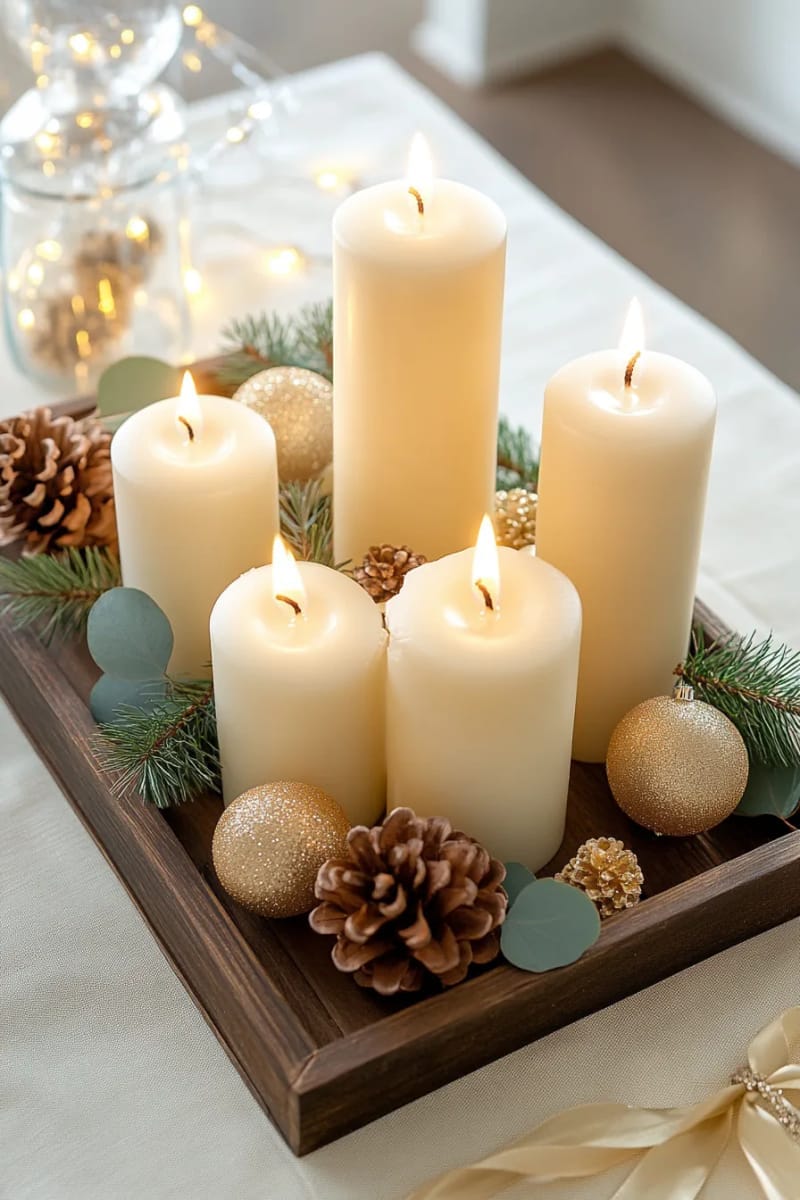 clustered pillar candles with golden ornaments for a warm glow 1