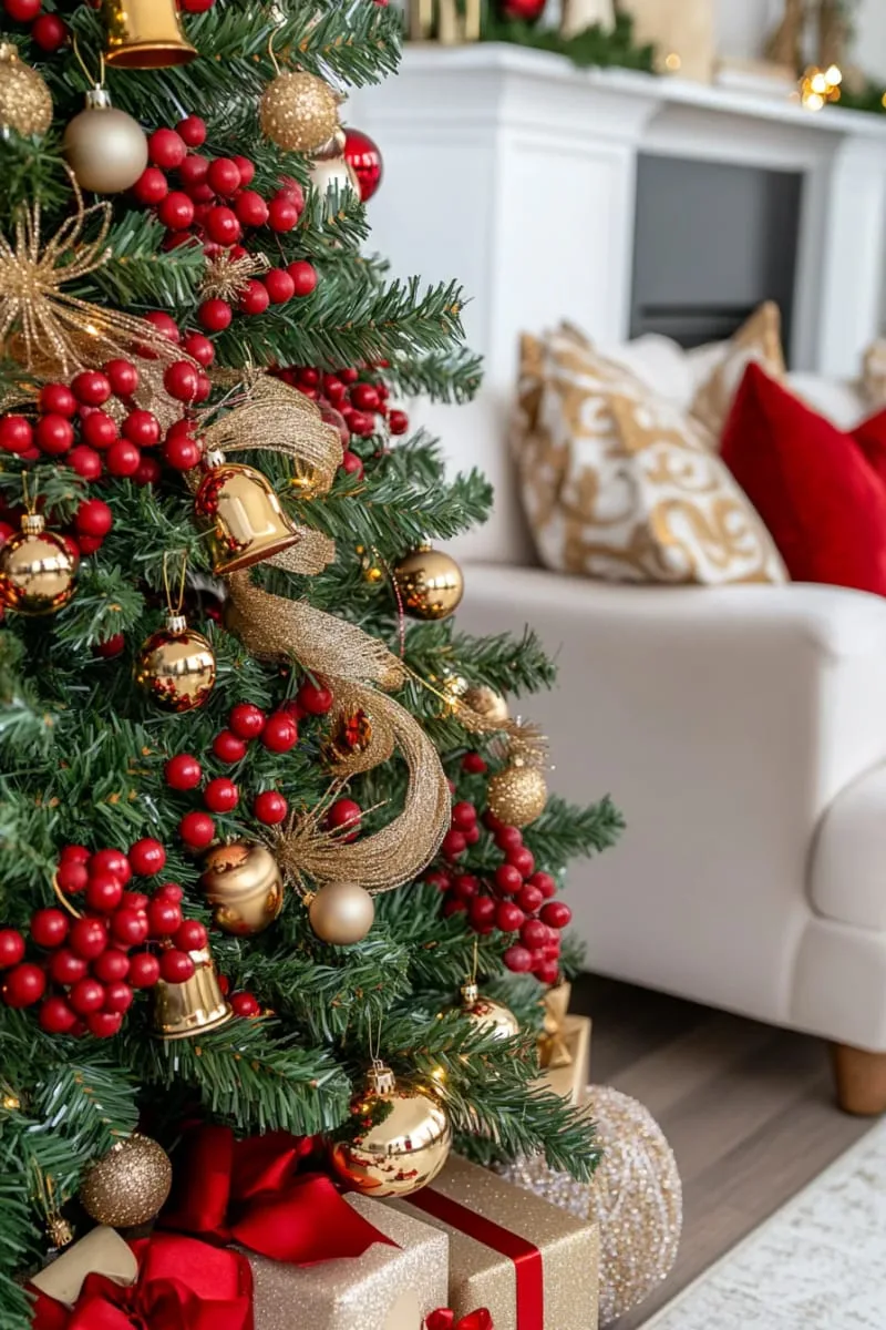 31 Dreamy Christmas Tree Decorations for a Unique Festive Touch 48 clusters of red berries and gold bells for festive, classic christmas tree decor 1