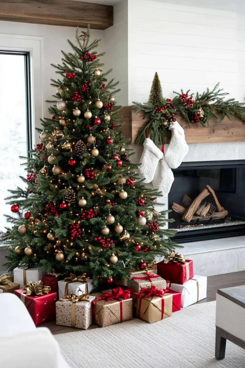 31 Dreamy Christmas Tree Decorations for a Unique Festive Touch 49 clusters of red berries and gold bells for festive, classic christmas tree decor 1
