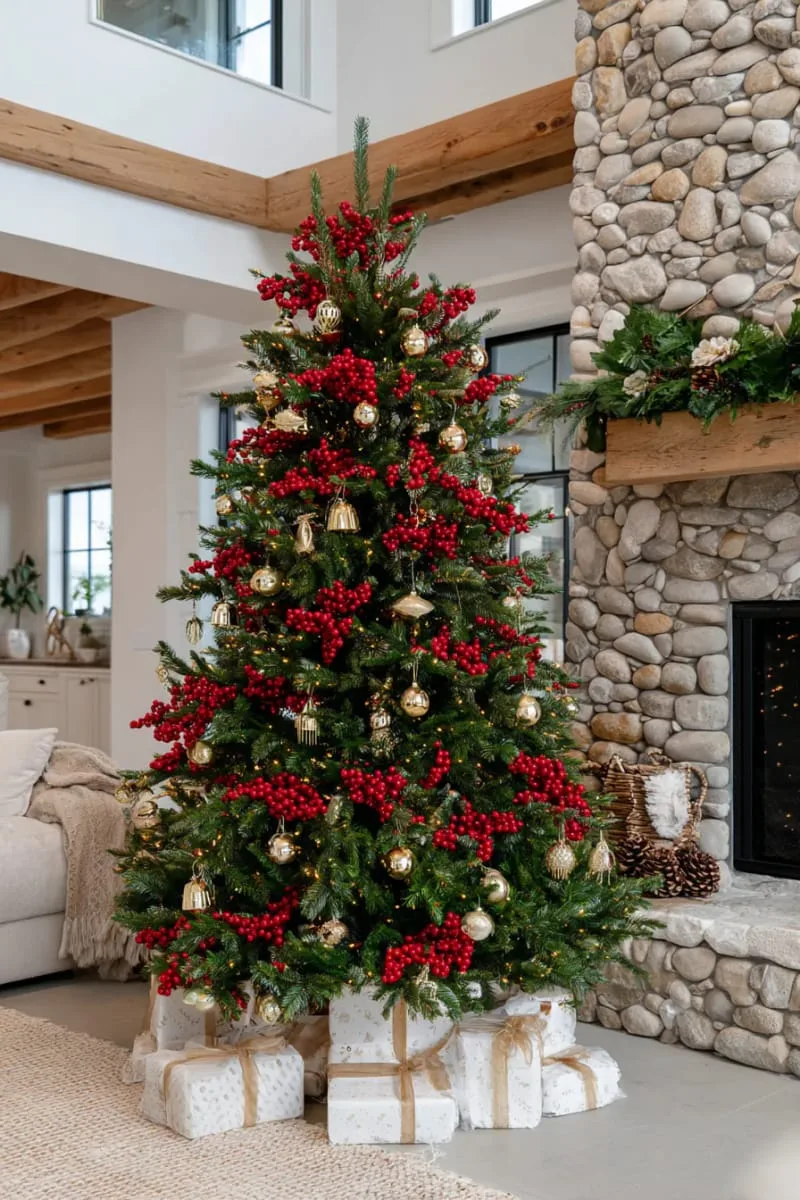 31 Dreamy Christmas Tree Decorations for a Unique Festive Touch 50 clusters of red berries and gold bells for festive, classic christmas tree decor 1