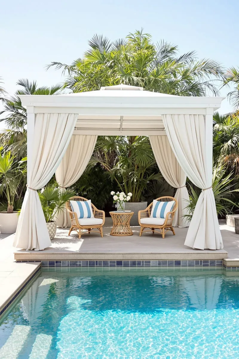 coastal chic cabana with linen curtains overlooking the pool 1