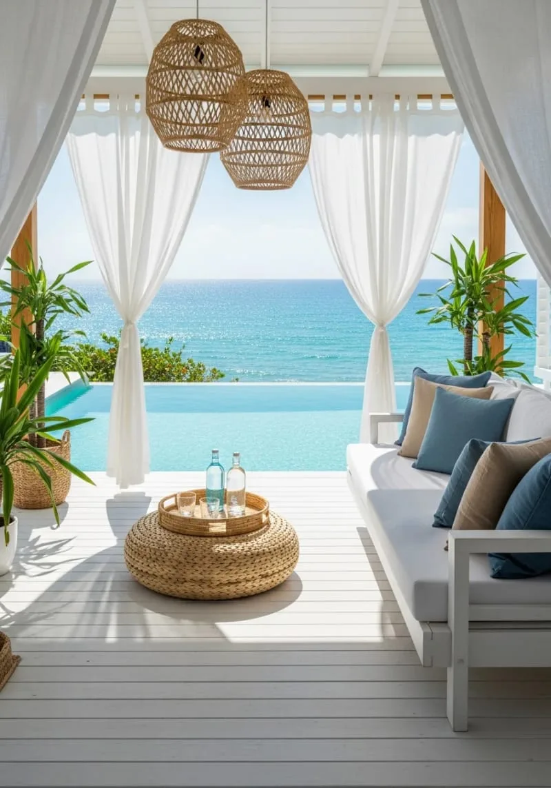 coastal chic cabana with linen curtains overlooking the pool 1