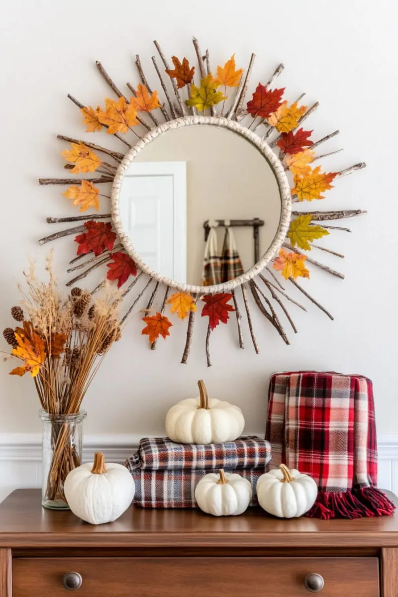 colorful leaf and twig sunburst mirror frame for entryway charm 1