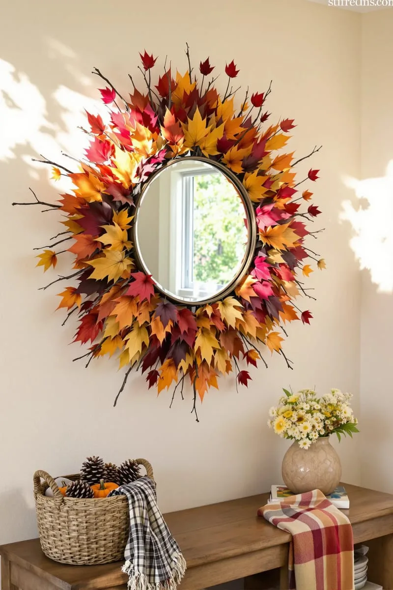 colorful leaf and twig sunburst mirror frame for entryway charm 1