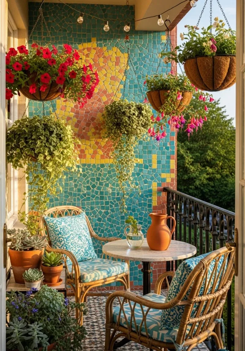 colorful mosaic wall with vibrant flowering hanging baskets 1
