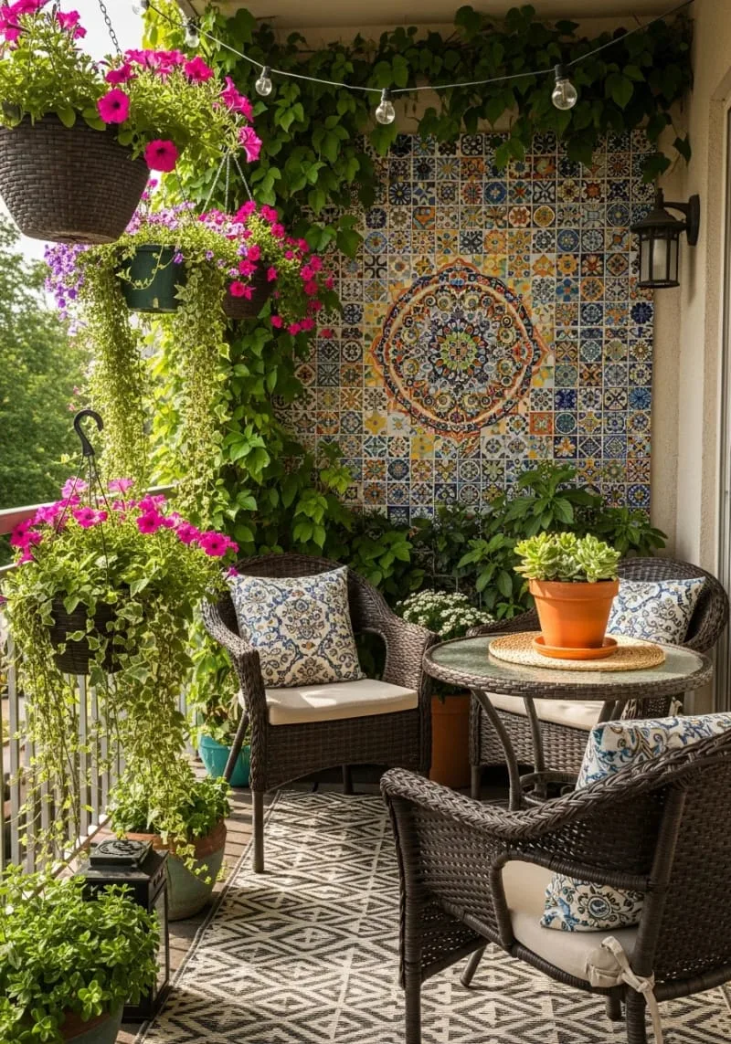 colorful mosaic wall with vibrant flowering hanging baskets 1