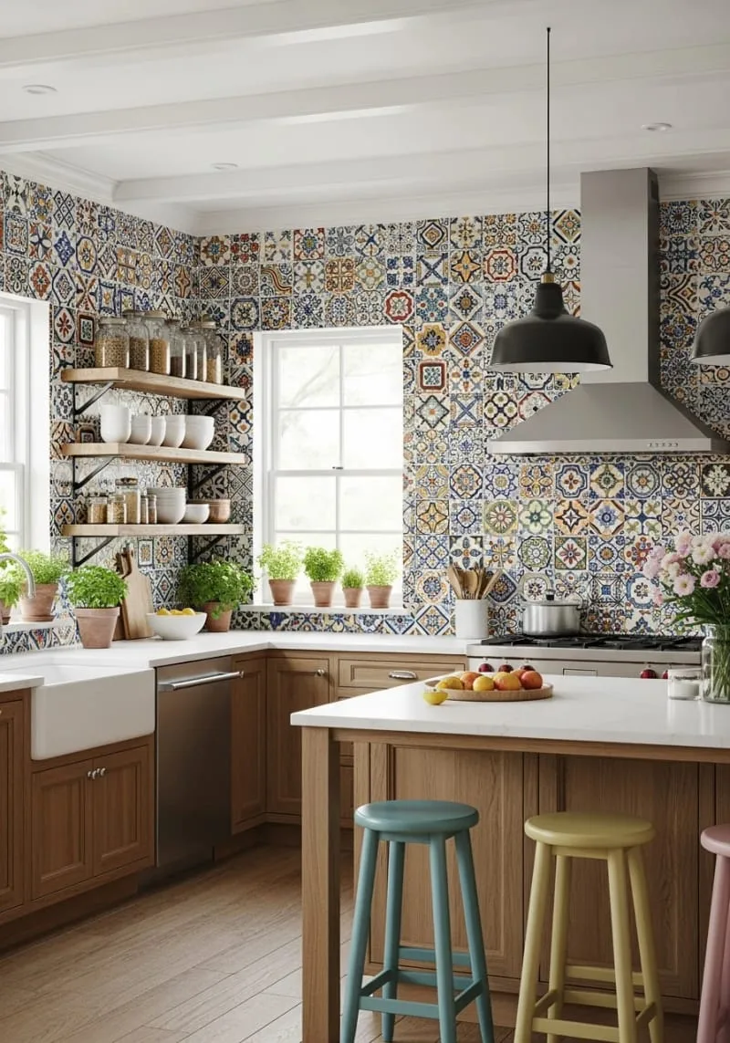 29 Unique Barndominium Interiors For Your Next Makeover 34 colorful patchwork-tile backsplash in a country-modern kitchen 1