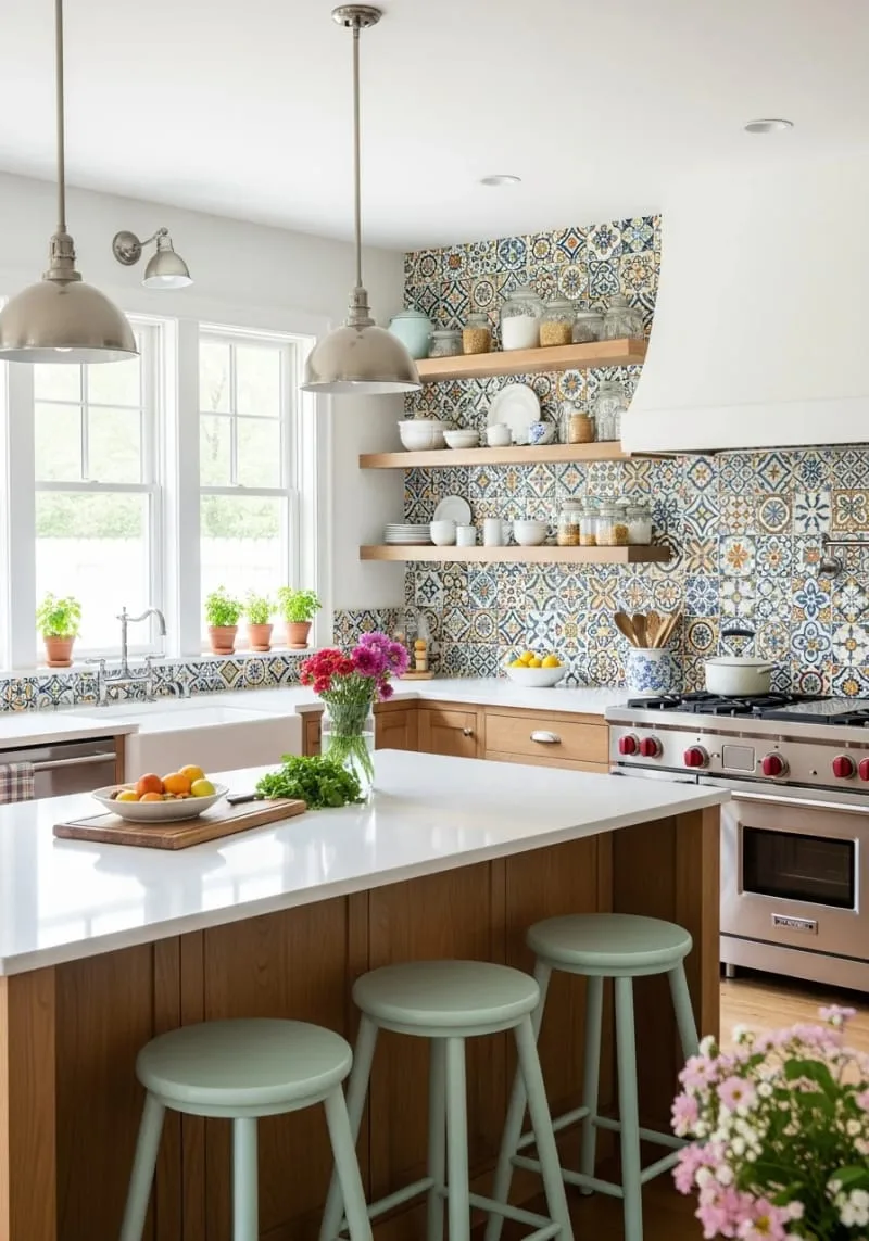 29 Unique Barndominium Interiors For Your Next Makeover 35 colorful patchwork-tile backsplash in a country-modern kitchen 1