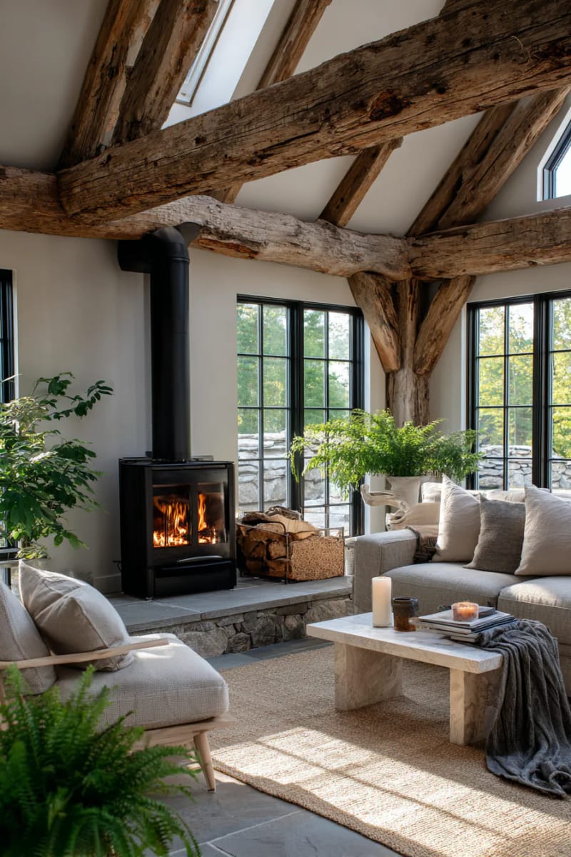 19 Charming Simple Barndominium Ideas For Your Rustic Interior Design 58 compact, energy-efficient wood stove as living room centerpiece 1