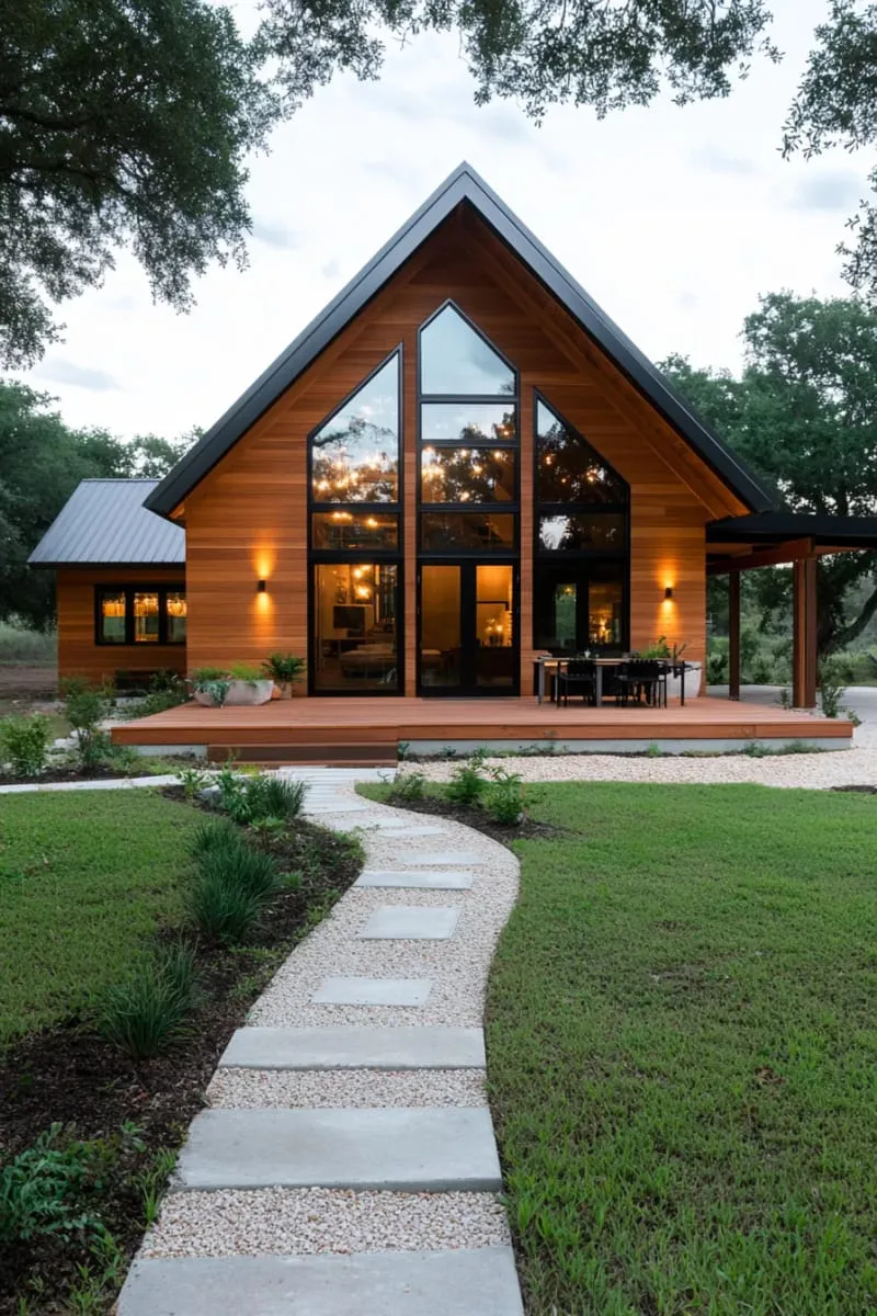 compact modern barndominium with horizontal wood siding and large windows 1