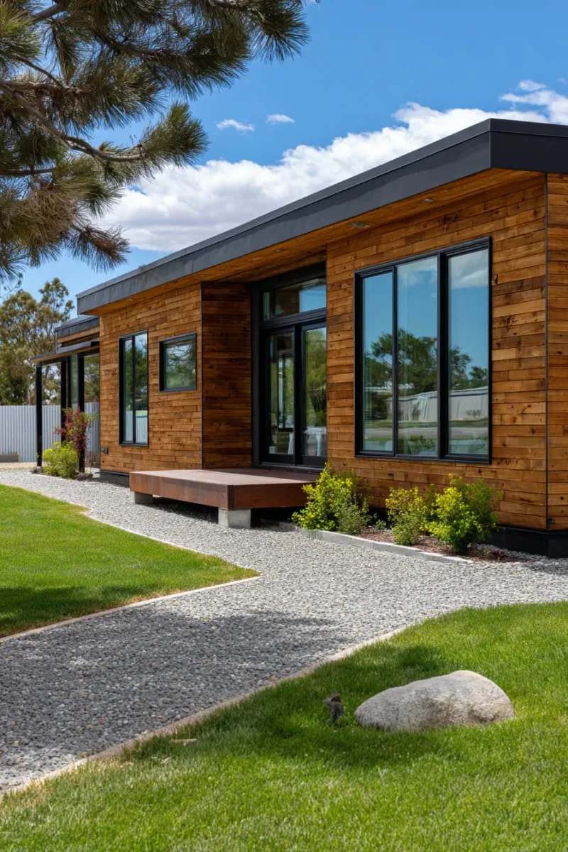 compact modern barndominium with horizontal wood siding and large windows 1