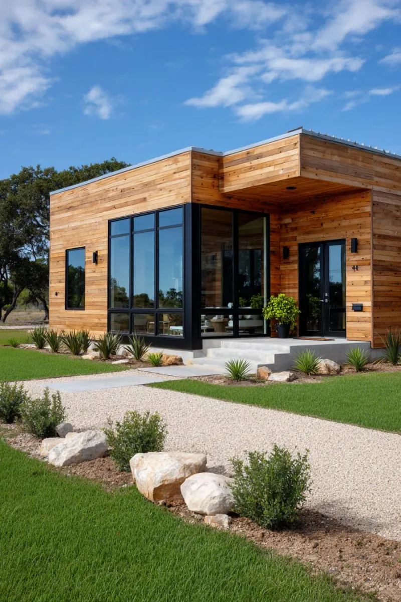 compact modern barndominium with horizontal wood siding and large windows 1