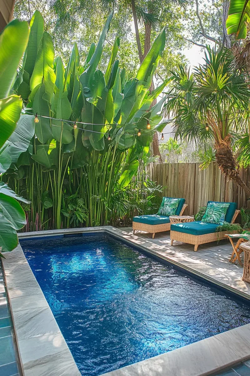 27 New Small Backyard Designs to Copy For Your Outdoor Space 50 compact plunge pool framed by tropical foliage 1