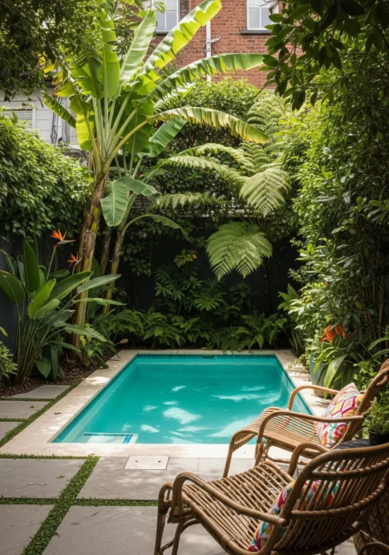 27 New Small Backyard Designs to Copy For Your Outdoor Space 51 compact plunge pool framed by tropical foliage 1