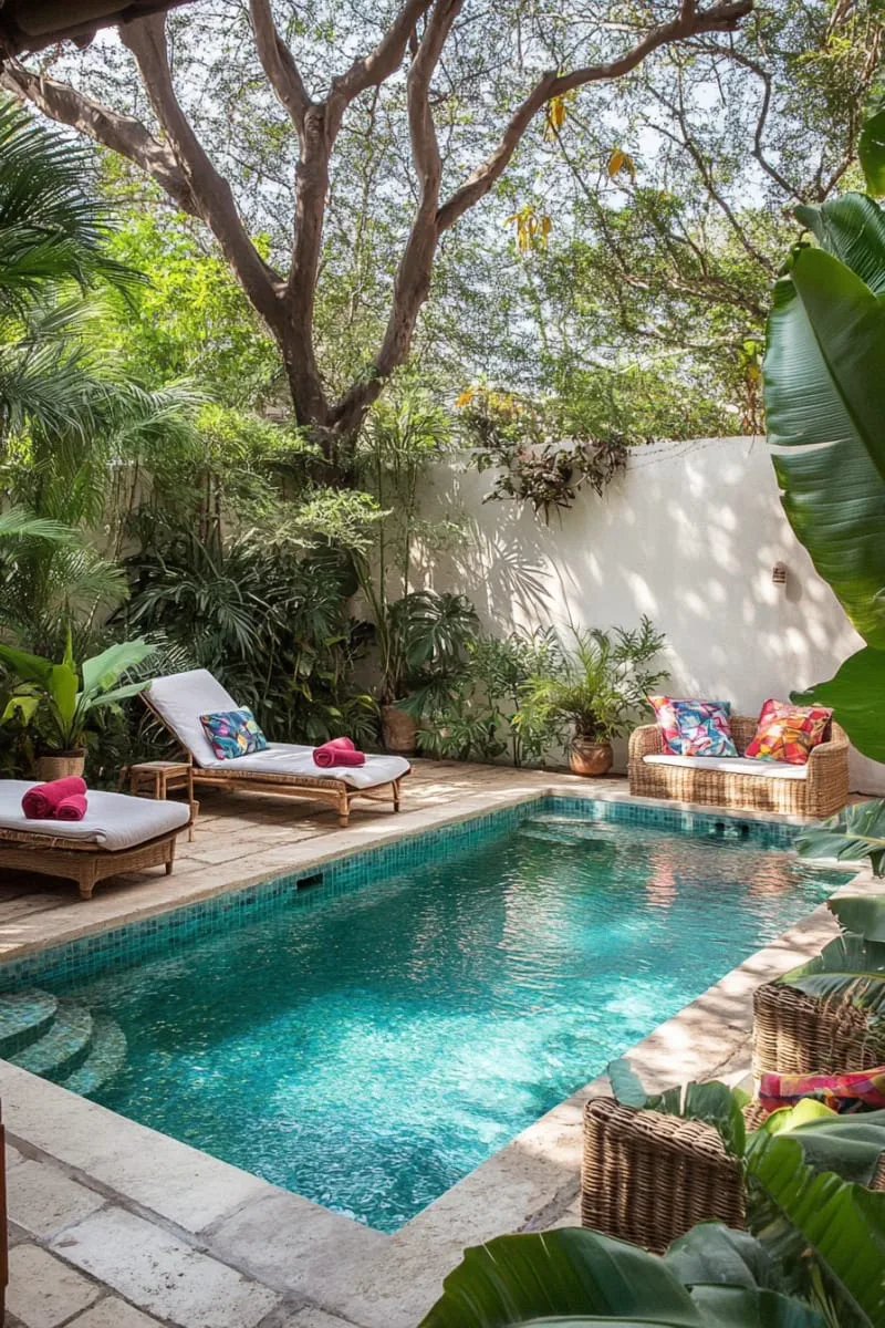 27 New Small Backyard Designs to Copy For Your Outdoor Space 52 compact plunge pool framed by tropical foliage 1