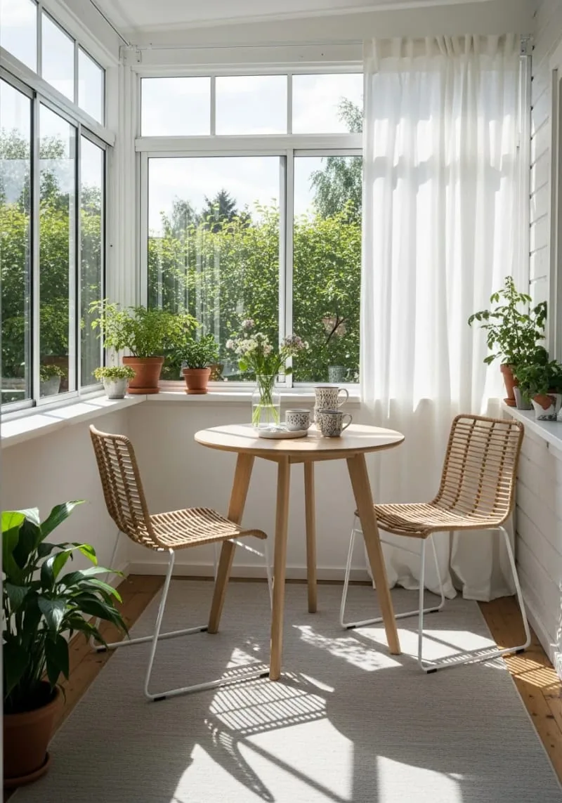 19 Small Sunroom Ideas to Brighten Small Spaces 51 compact round bistro table for sunny morning breakfasts 1