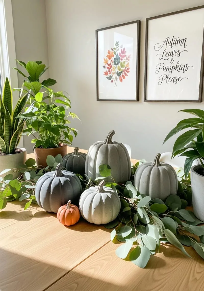 concrete pumpkins paired with eucalyptus garlands 1
