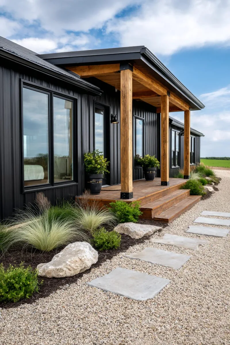 contrasting dark exterior and natural timber beams for bold curb appeal 1