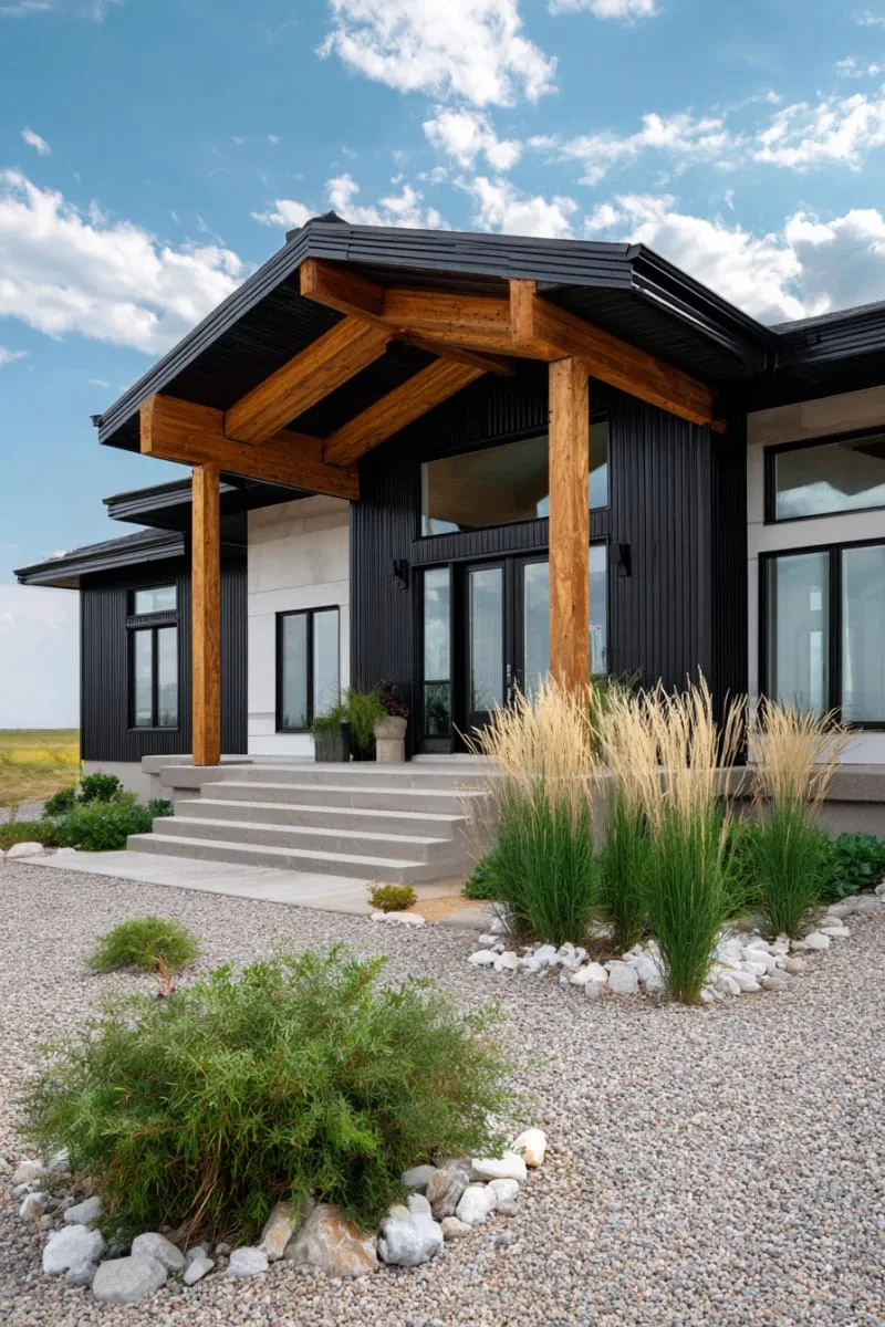 contrasting dark exterior and natural timber beams for bold curb appeal 1