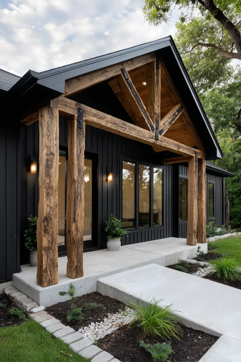 contrasting dark exterior and natural timber beams for bold curb appeal 1