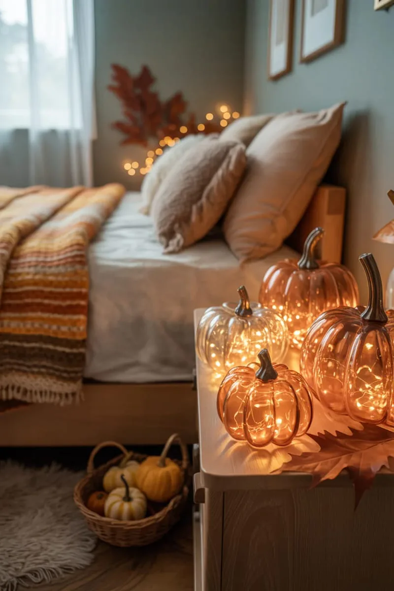 copper fairy lights inside clear glass pumpkins 1