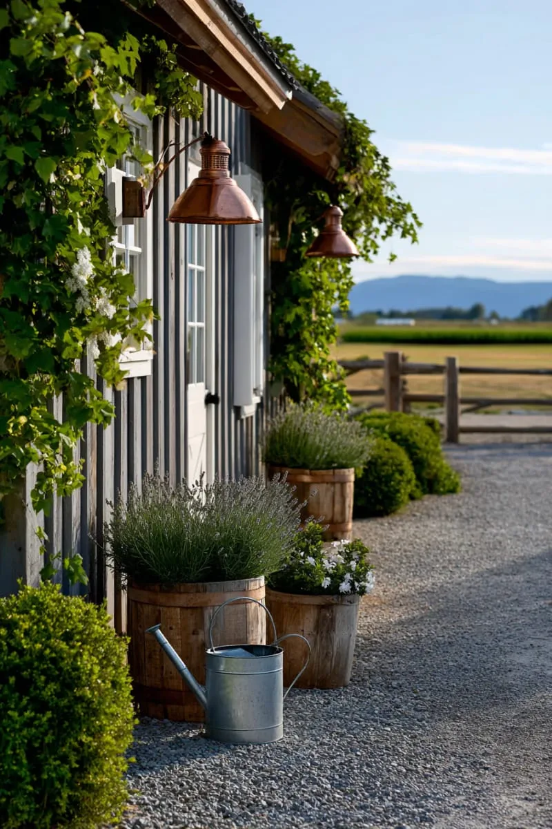copper farmhouse wall lights with patina finish on barn siding 1