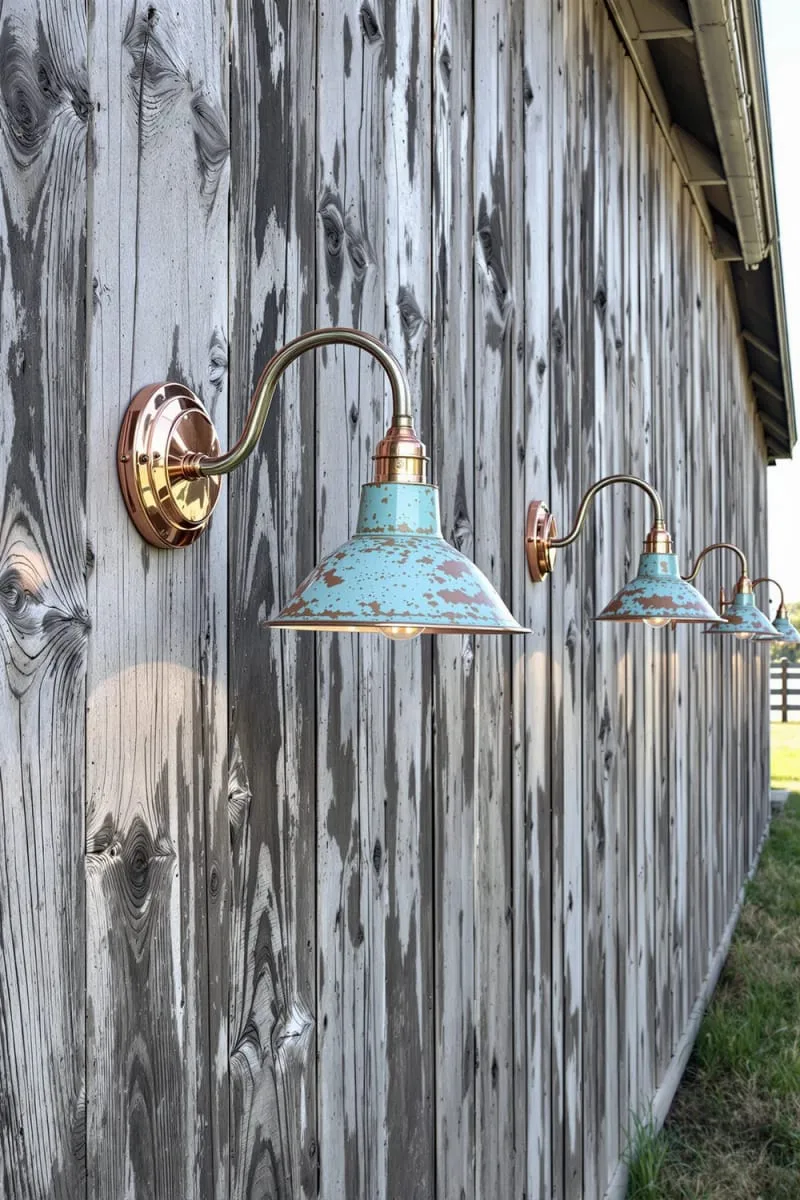copper farmhouse wall lights with patina finish on barn siding 1