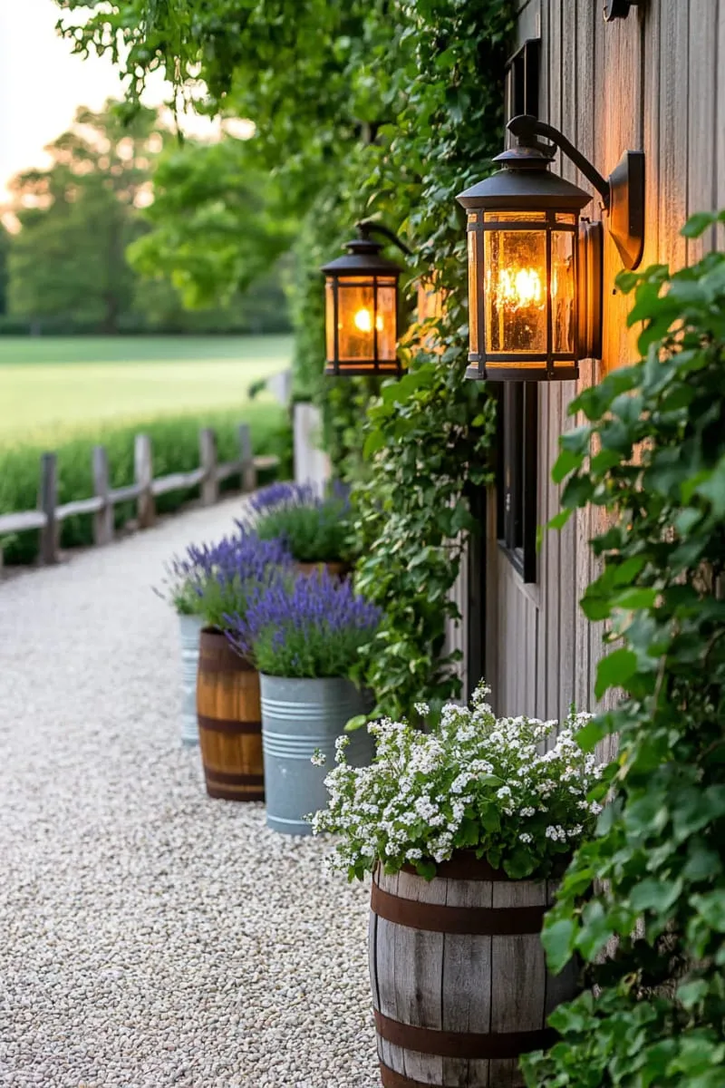 copper farmhouse wall lights with patina finish on barn siding 1