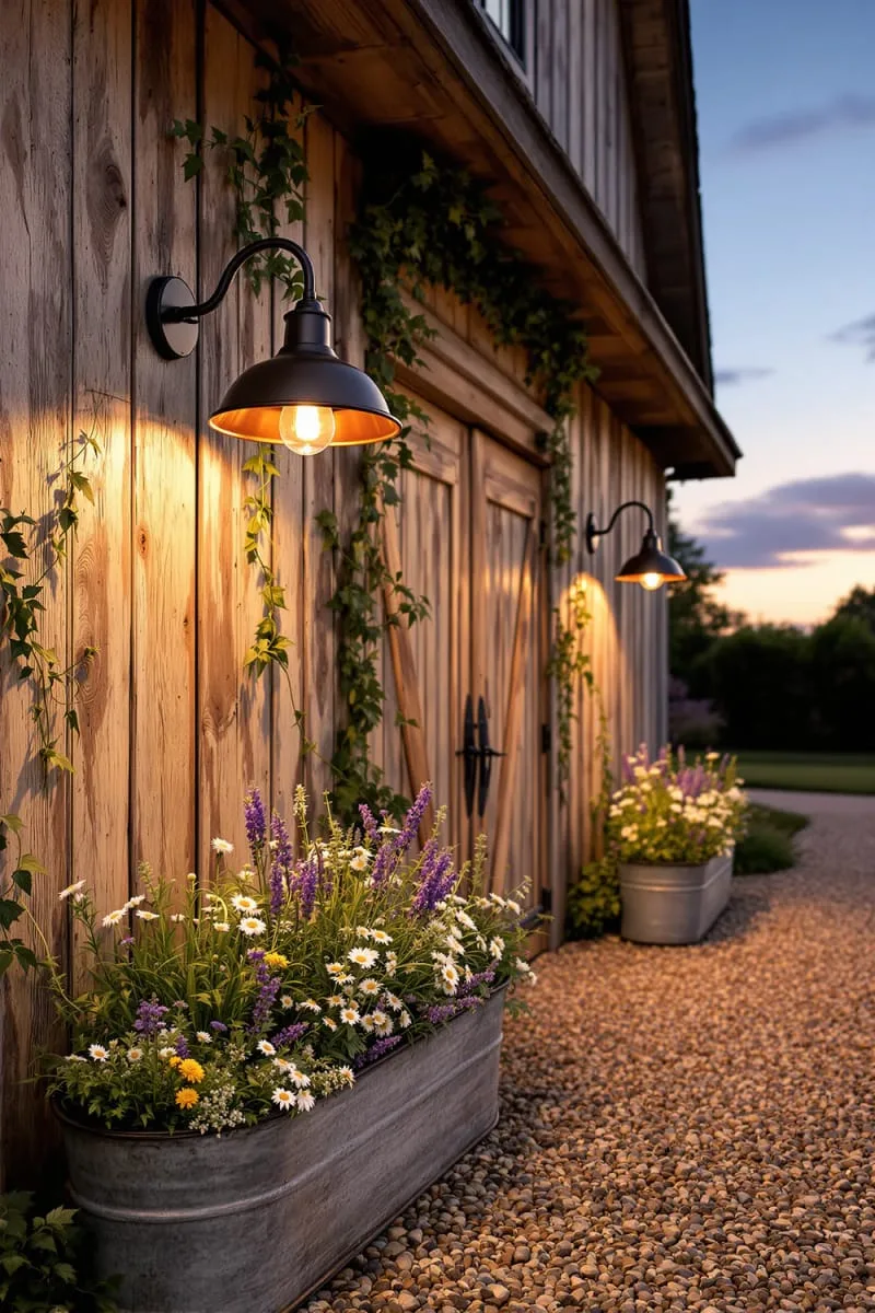 copper farmhouse wall lights with patina finish on barn siding 1