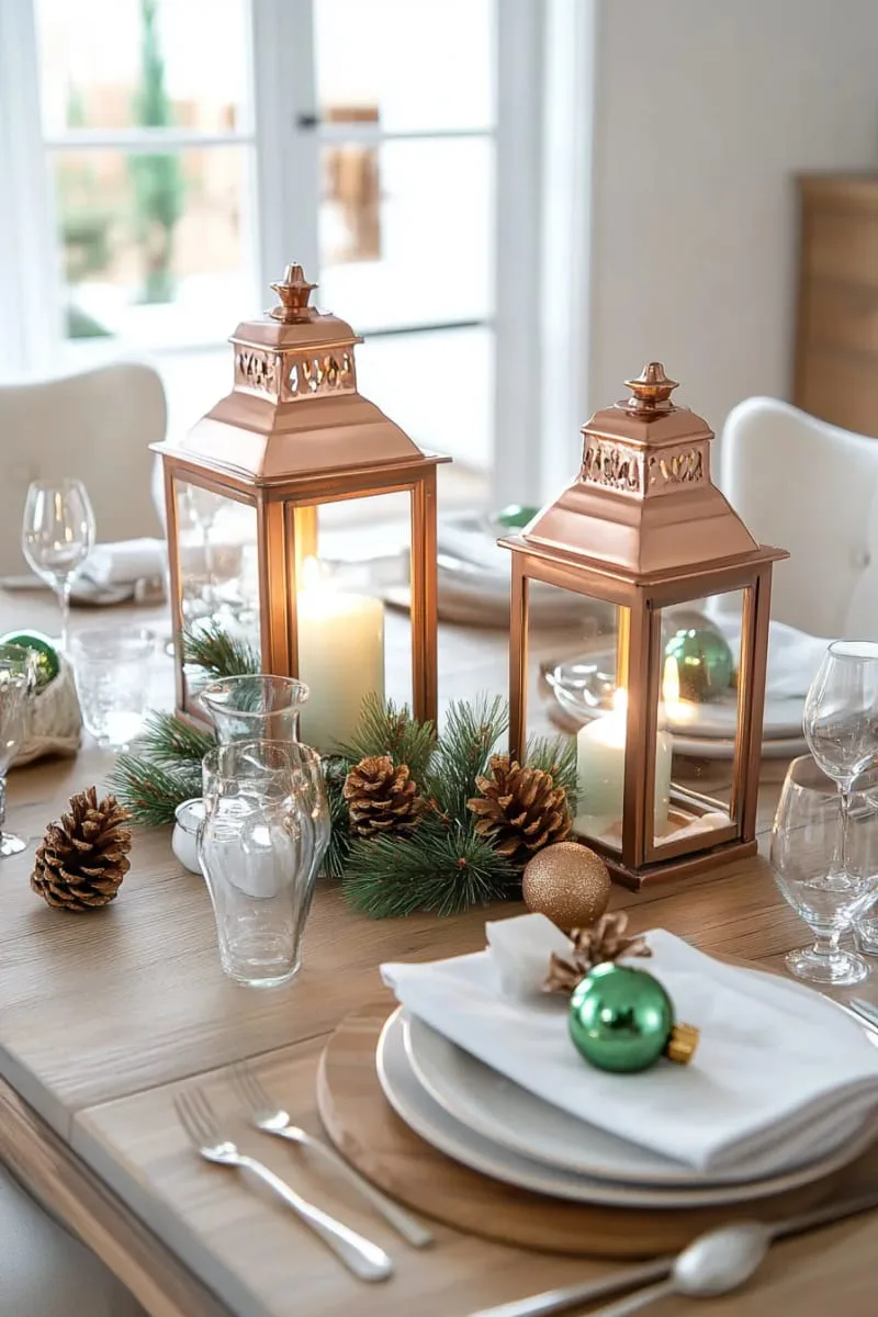 copper lanterns filled with pinecones and vintage ornaments 1 copper lanterns filled with pinecones and vintage ornaments 1
