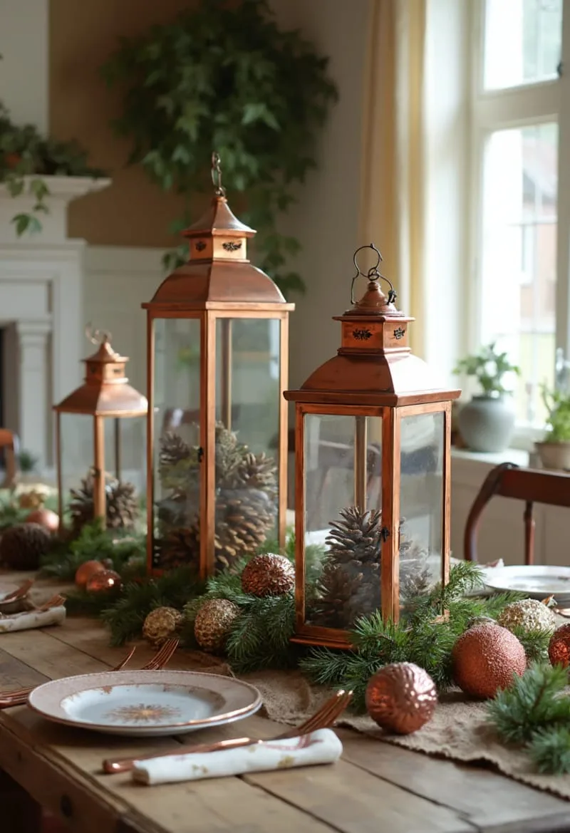 copper lanterns filled with pinecones and vintage ornaments 1 copper lanterns filled with pinecones and vintage ornaments 1