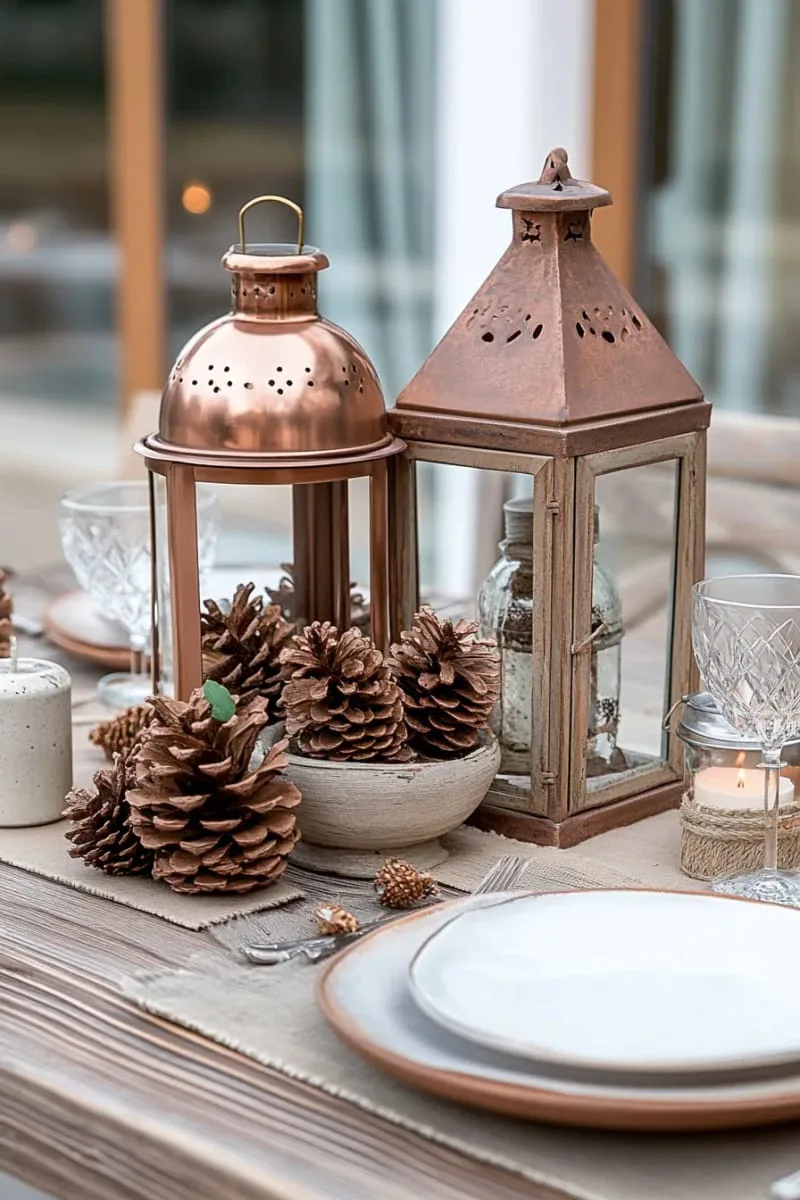 copper lanterns filled with pinecones and vintage ornaments 1 copper lanterns filled with pinecones and vintage ornaments 1