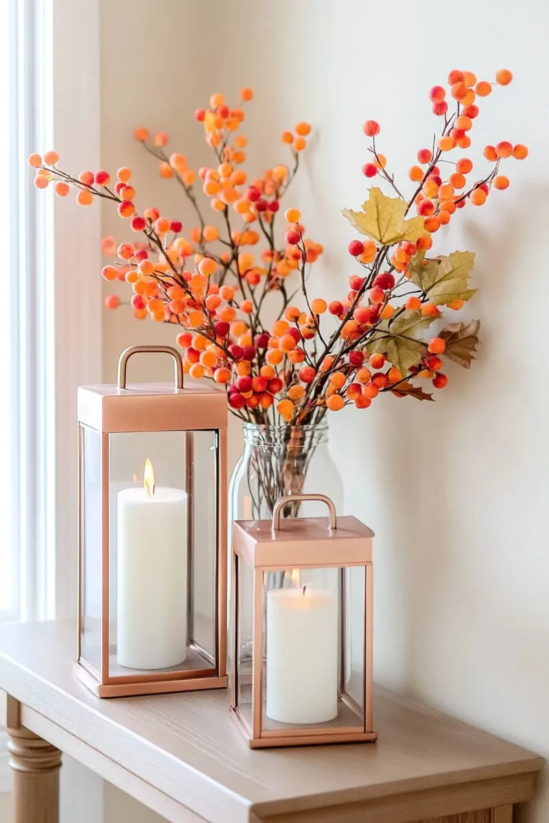 copper lanterns paired with faux berry branches on entryway table 1