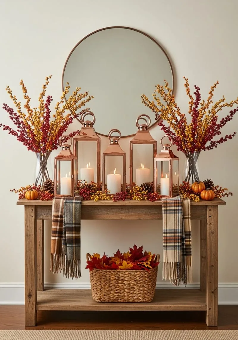copper lanterns paired with faux berry branches on entryway table 1