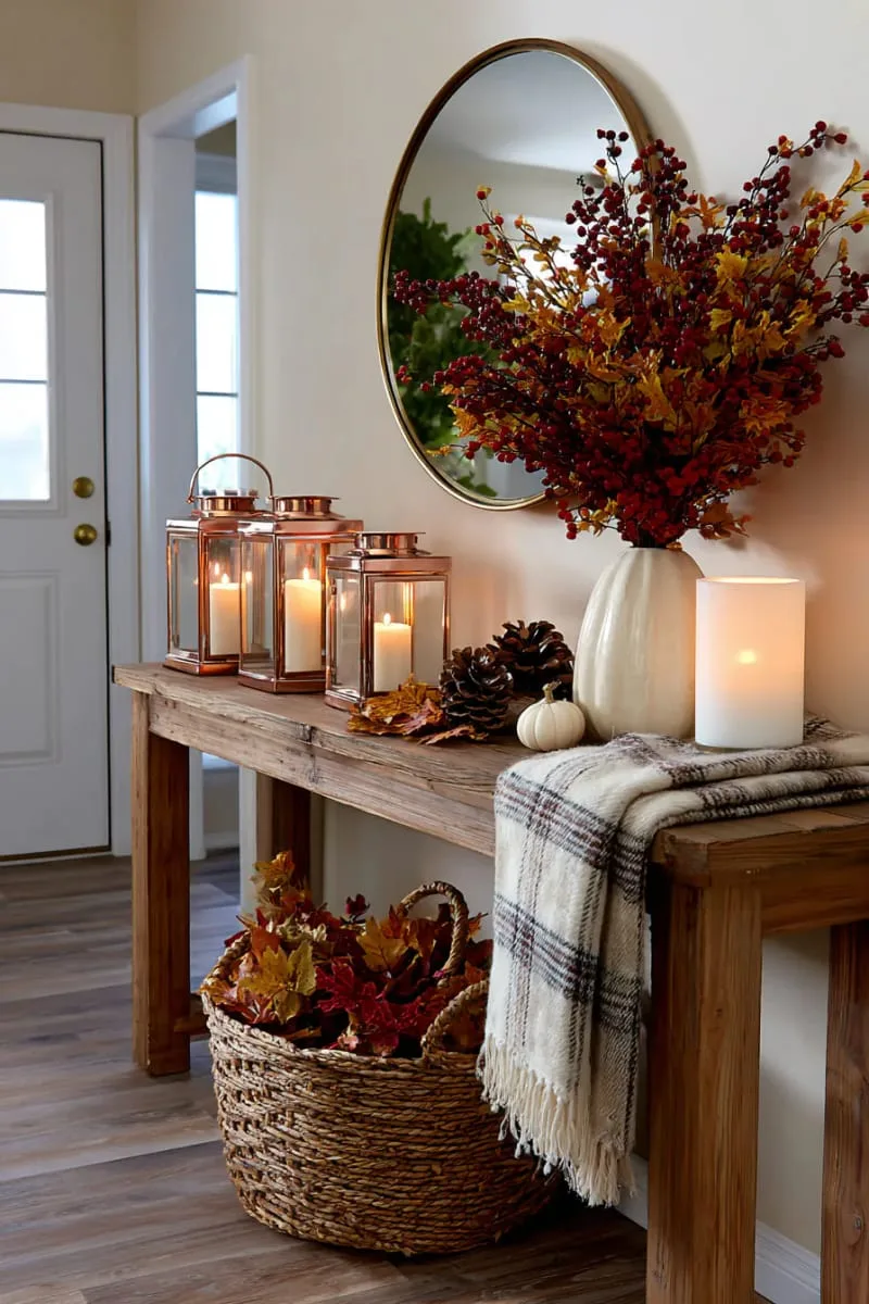 copper lanterns paired with faux berry branches on entryway table 1