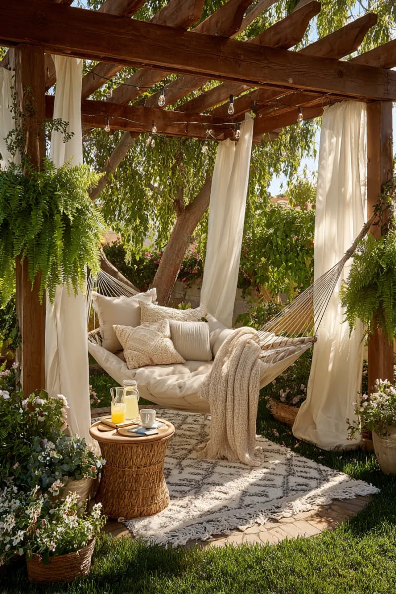 corner pergola with built-in hammock for ultimate backyard relaxation 1