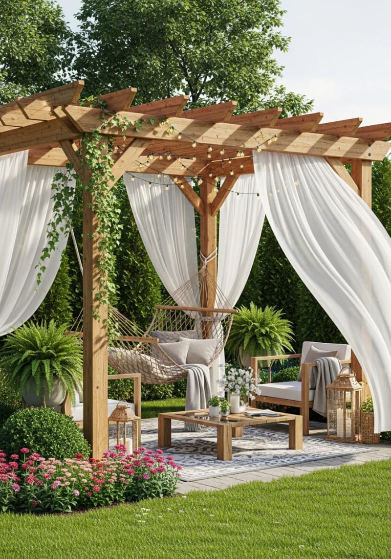 corner pergola with built-in hammock for ultimate backyard relaxation 1