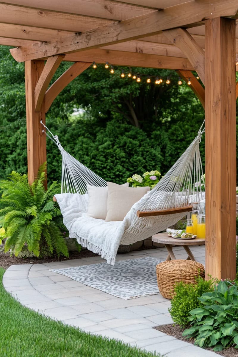 corner pergola with built-in hammock for ultimate backyard relaxation 1