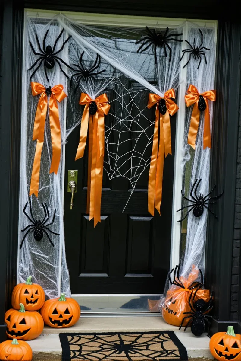 21 Creative Halloween Door Decorations: Ideas for a Festive Welcome 54 cotton spiderwebs with dangling glittery spiders and orange ribbons 1