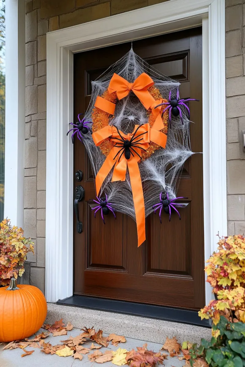 21 Creative Halloween Door Decorations: Ideas for a Festive Welcome 55 cotton spiderwebs with dangling glittery spiders and orange ribbons 1