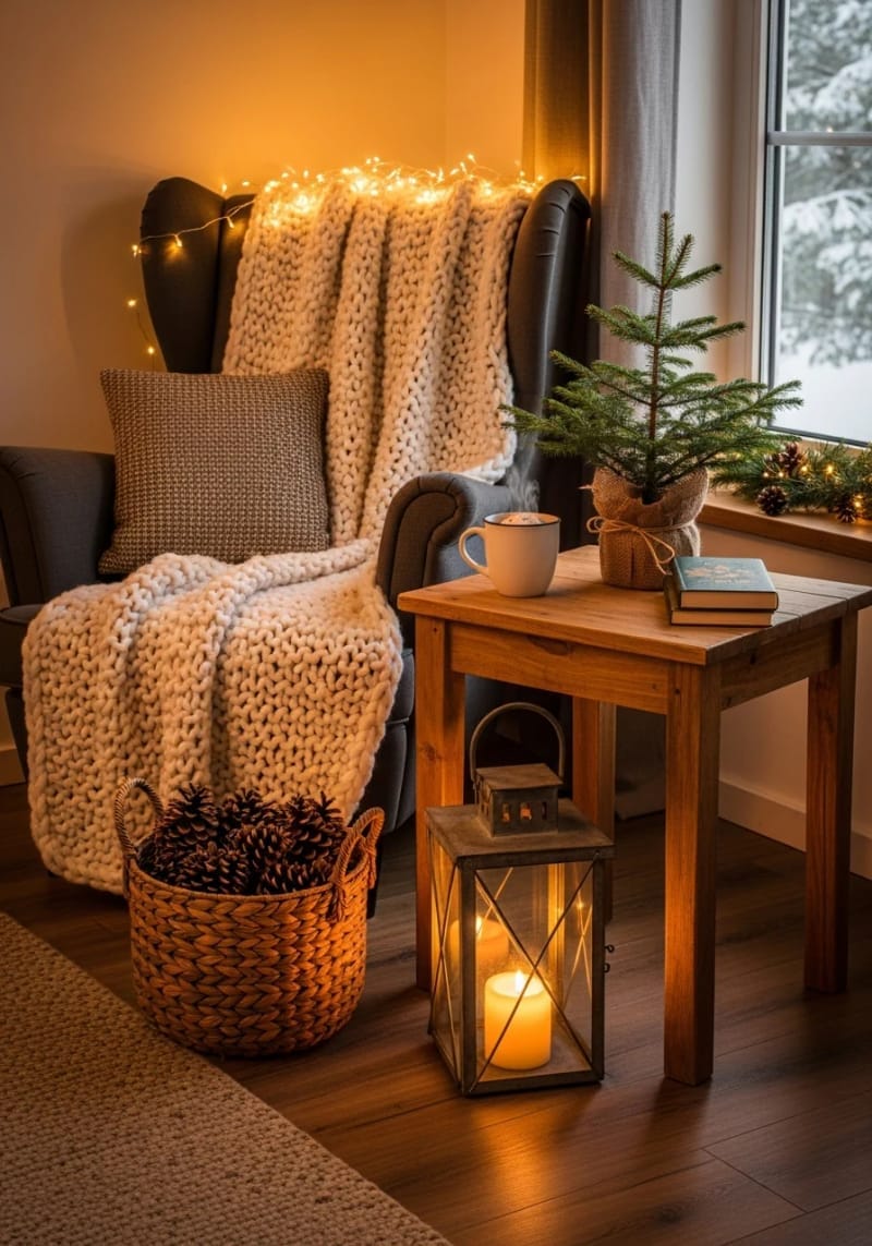 cozy armchair corner with chunky throw, lantern, and mini fir tree 1
