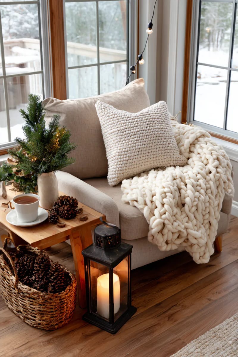 cozy armchair corner with chunky throw, lantern, and mini fir tree 1