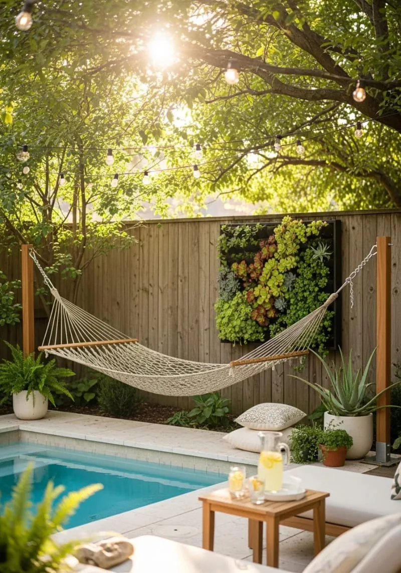 cozy backyard pool nook with hammock and vertical succulent garden 1
