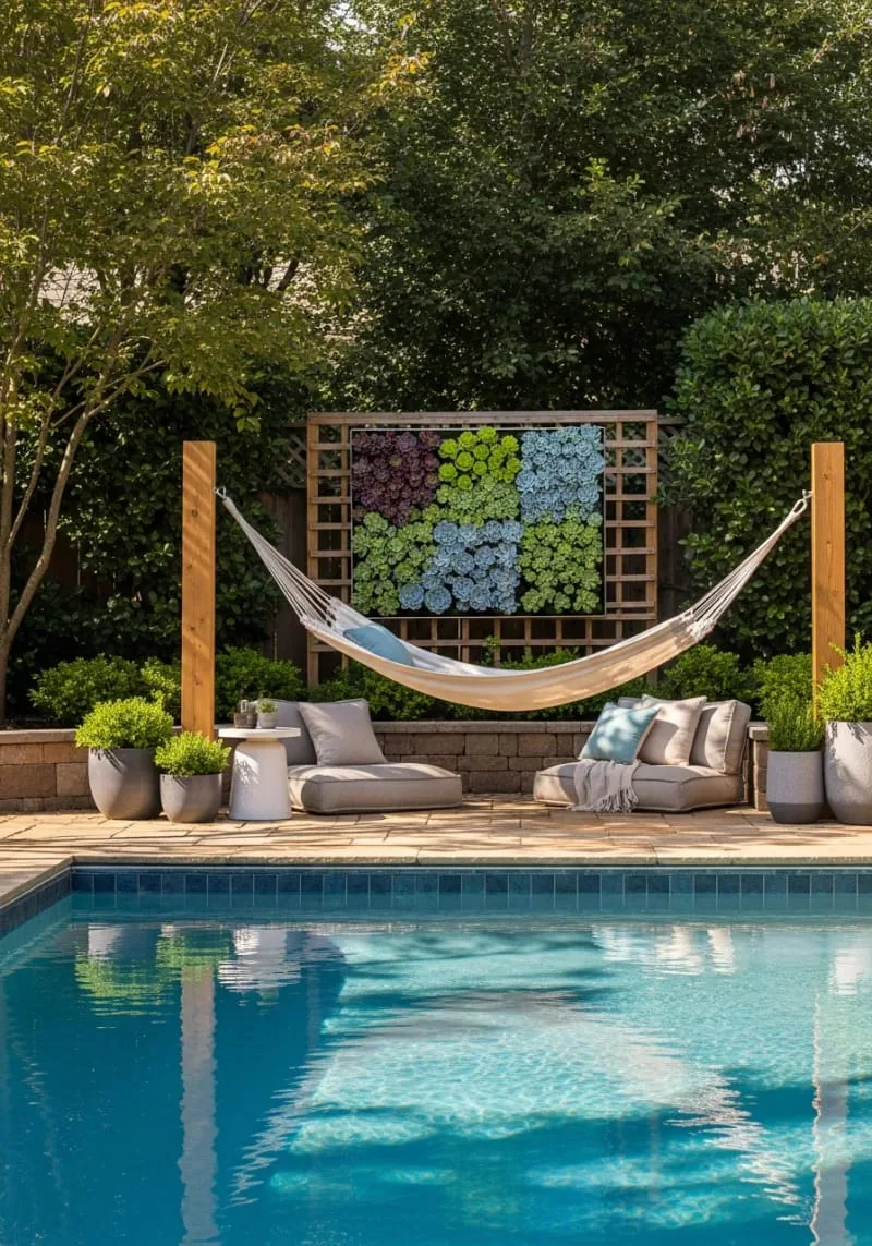 cozy backyard pool nook with hammock and vertical succulent garden 1