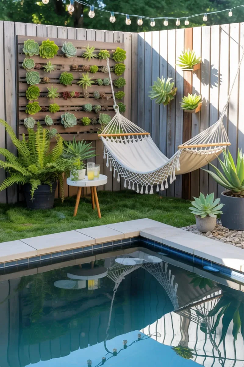 cozy backyard pool nook with hammock and vertical succulent garden 1