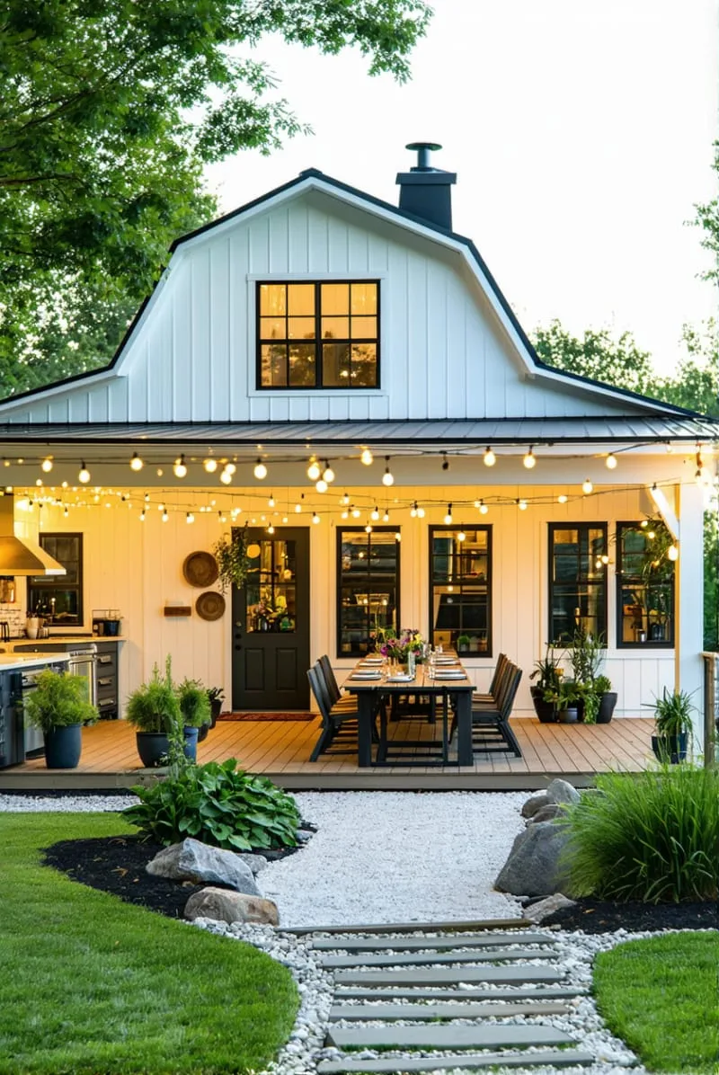 cozy barndominium with covered outdoor dining area and potted plants 1