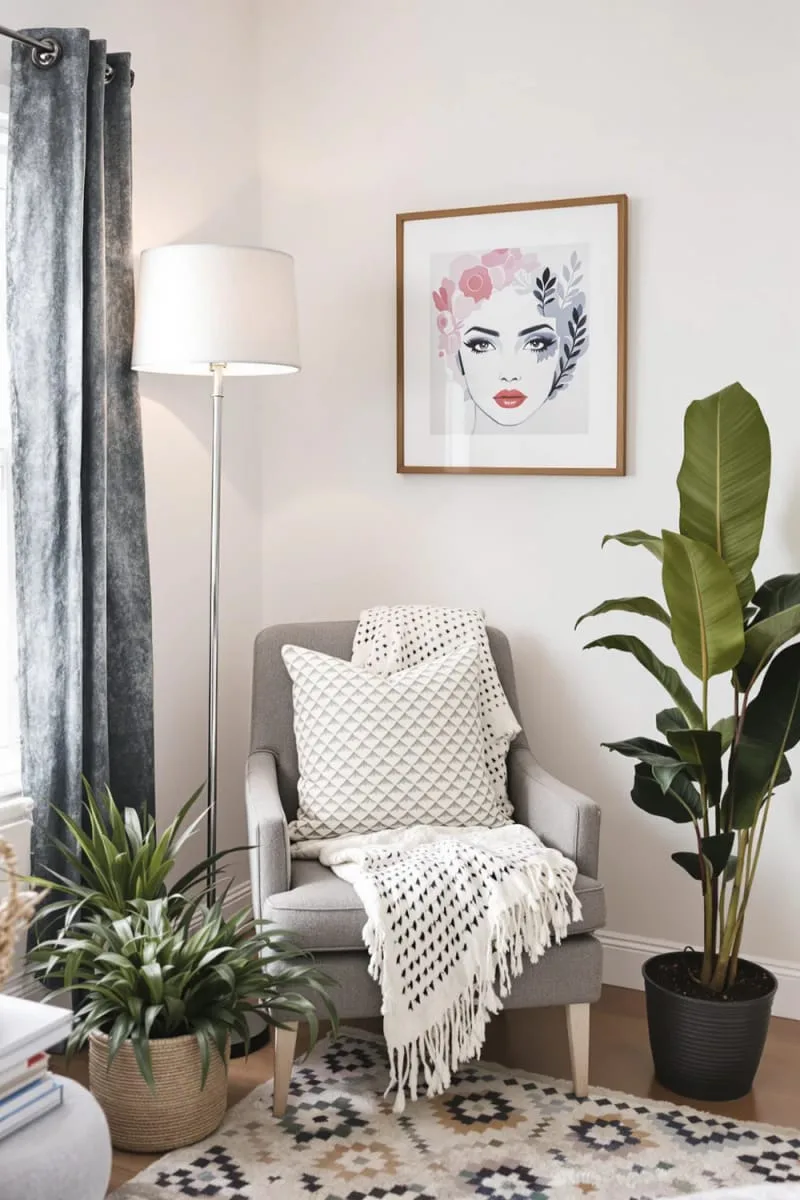 How to Decorate a Small Living Room on a Budget and In Style! 5 cozy corner reading nook styled with an accent chair and tall floor lamp 1