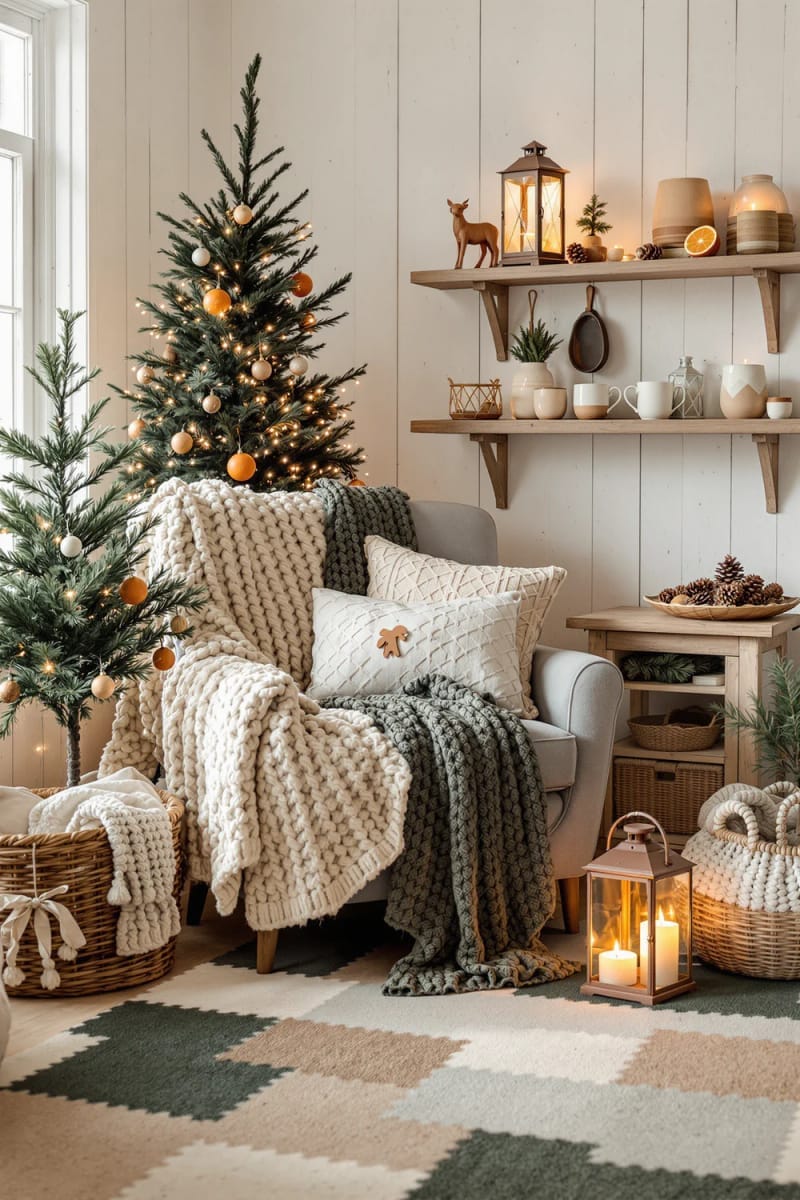 cozy cottagecore corner featuring knitted throws and woodland tree décor 1