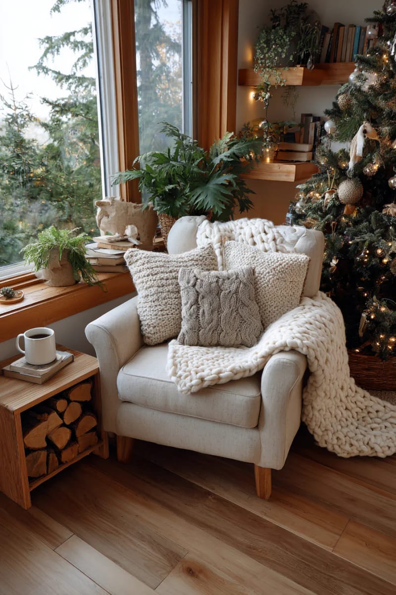 cozy cottagecore corner featuring knitted throws and woodland tree décor 1