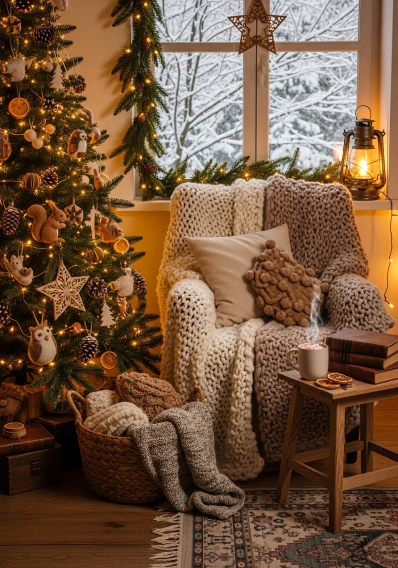 cozy cottagecore corner featuring knitted throws and woodland tree décor 1